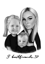 Load image into Gallery viewer, Black and white caricature as a character - Bestfriend drawing with writing  - Black & white portrait - drawings and portraits from your photos - drawking.com - DrawKing