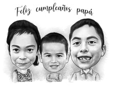 Load image into Gallery viewer, Black and white caricature drawing - Birthday  - Black & white portrait - drawings and portraits from your photos - drawking.com - DrawKing