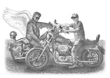 Load image into Gallery viewer, Black and white portrait with a large object - Man with wings and boy on motorcycle  - drawings and portraits from your photos - drawking.com - Drawking