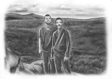 Load image into Gallery viewer, Black and white portrait with background -Men drawn with countryside view  - Black & white portrait - drawings and portraits from your photos - drawking.com - DrawKing