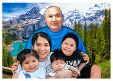 Load image into Gallery viewer, Color portrait with background - family drawing with mountain scene - colour portrait - drawings and portraits from your photos - drawking.com - DrawKing