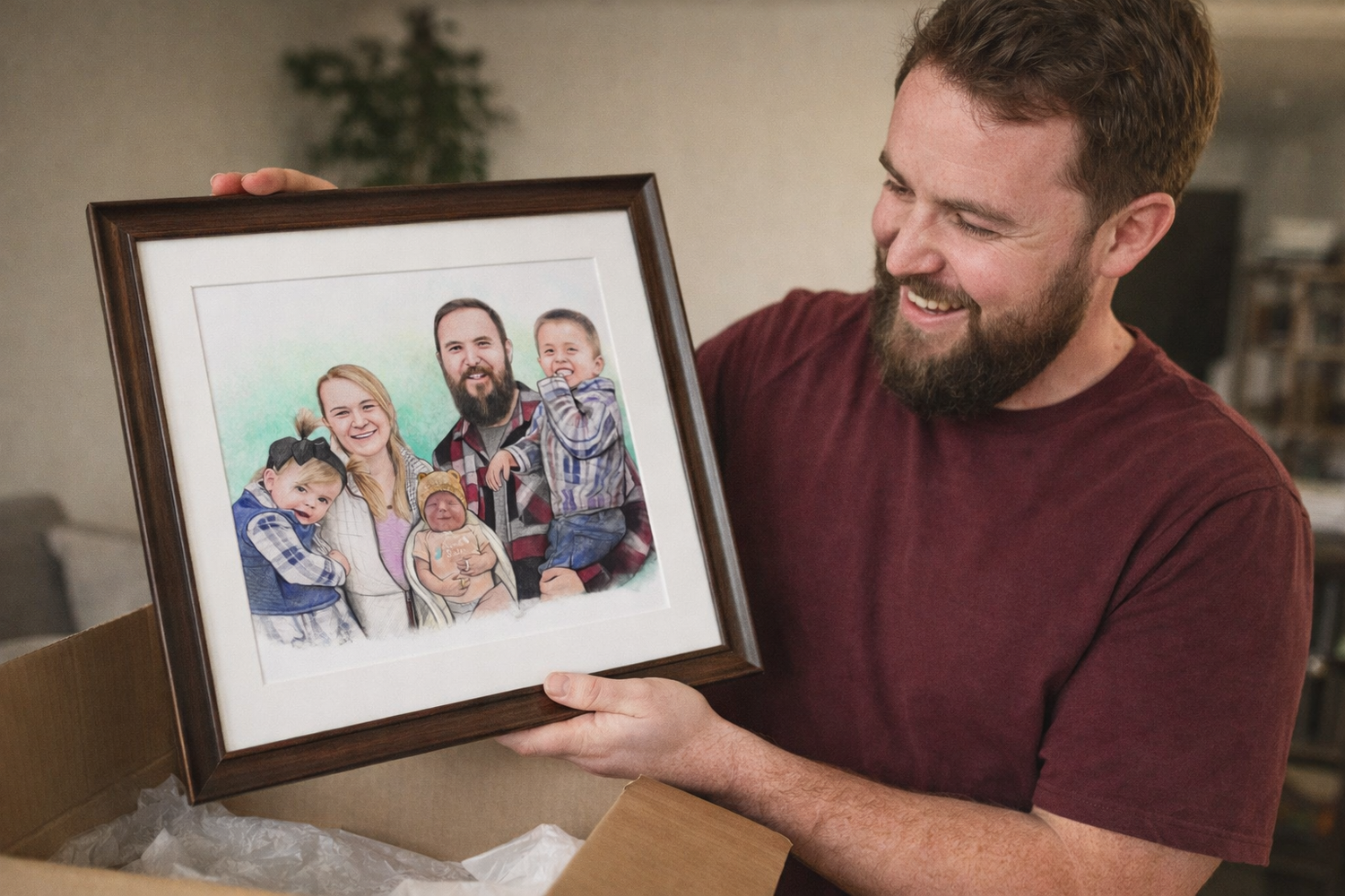 Happy customer unboxing a custom hand-drawn family portrait from DrawKing
